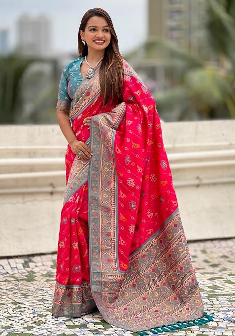Pink Woven Silk Blend Saree Set