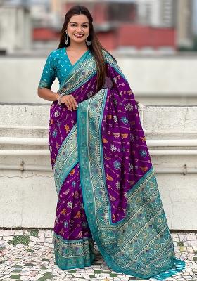 Purple Woven Silk Blend Saree Set