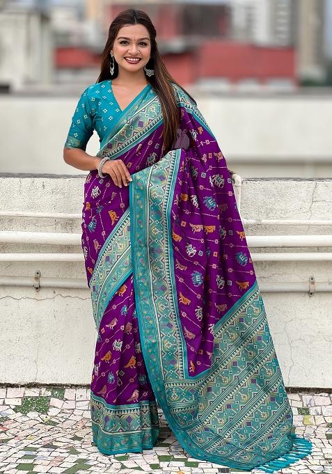Purple Woven Silk Blend Saree Set