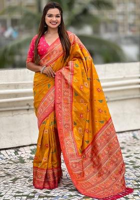 Yellow Woven Silk Blend Saree Set