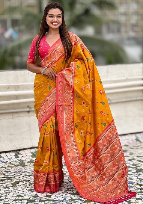 Yellow Woven Silk Blend Saree Set