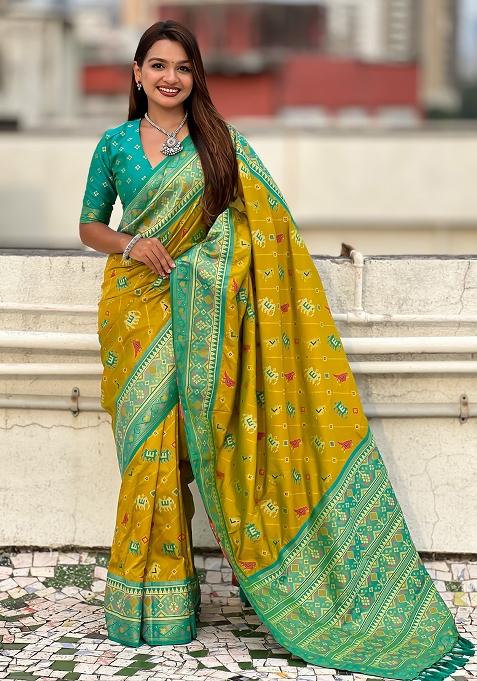 Green Woven Silk Blend Saree Set
