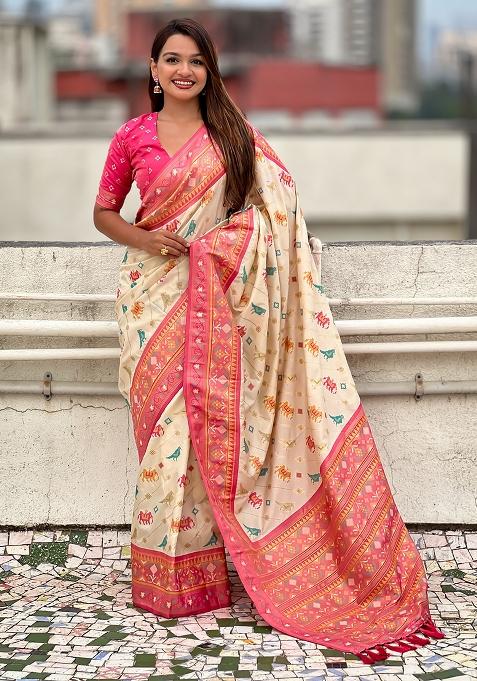 Off White Woven Silk Blend Saree Set