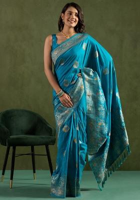 Aqua Blue Woven Silk Blend Saree Set