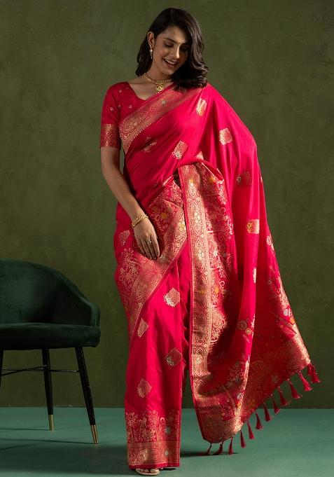 Pink Woven Silk Blend Saree Set