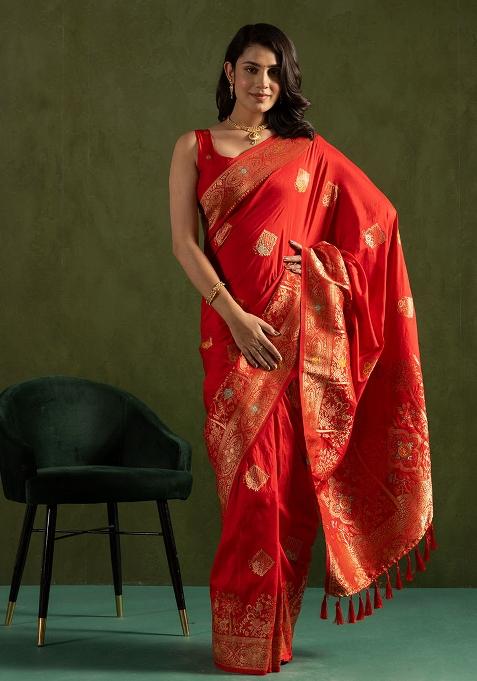 Red Woven Silk Blend Saree Set