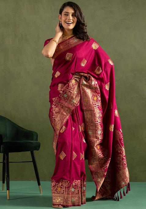 Wine Woven Silk Blend Saree Set