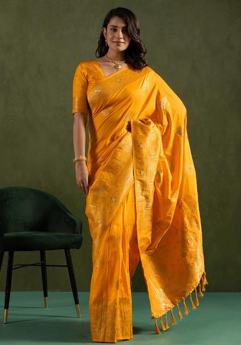 Yellow Woven Silk Blend Saree Set