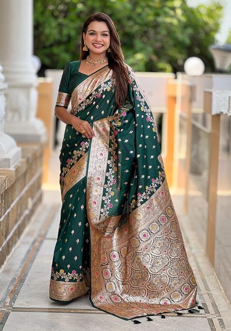 Green Woven Silk Blend Saree Set