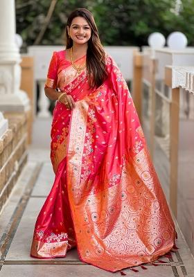 Red Woven Silk Blend Saree Set