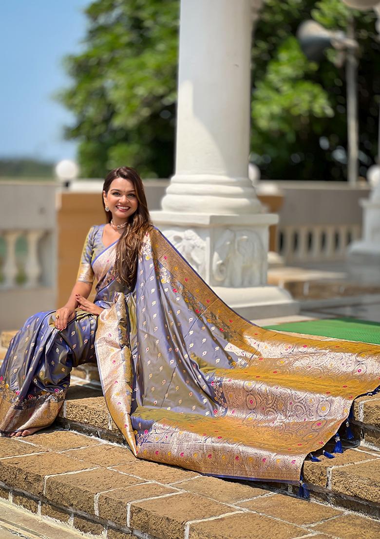 Grey Woven Silk Blend Saree Set - Indya