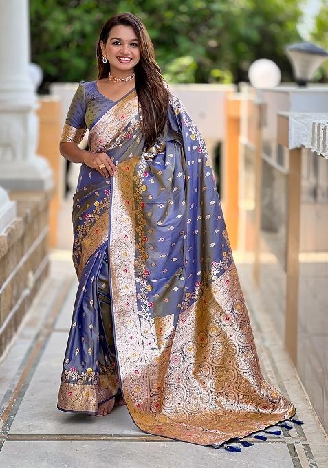 Grey Woven Silk Blend Saree Set
