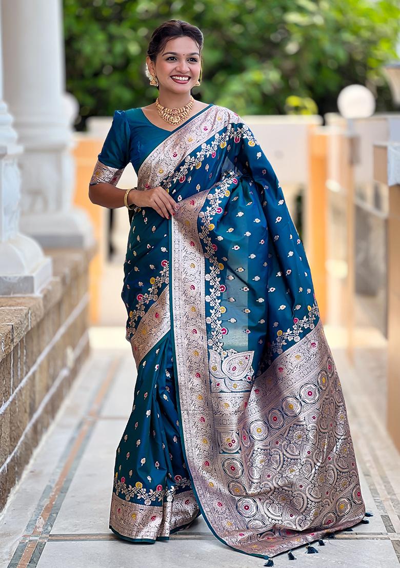 Teal Blue Woven Silk Blend Saree Set