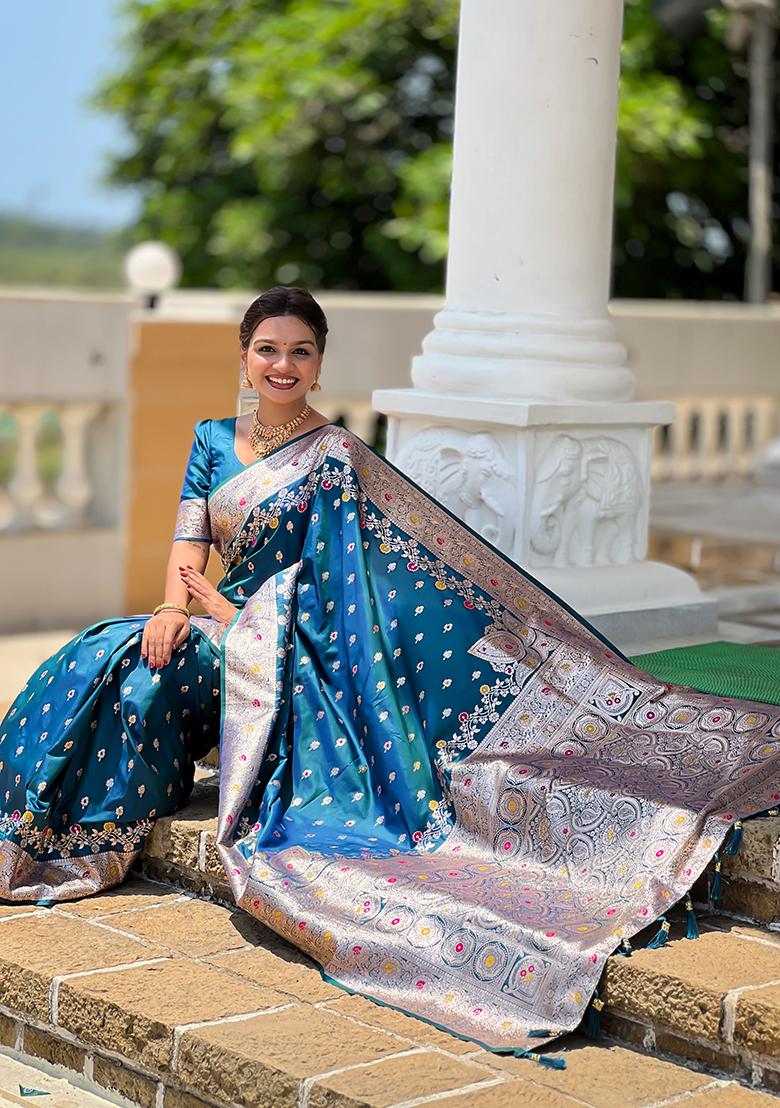 Teal Blue Woven Silk Blend Saree Set