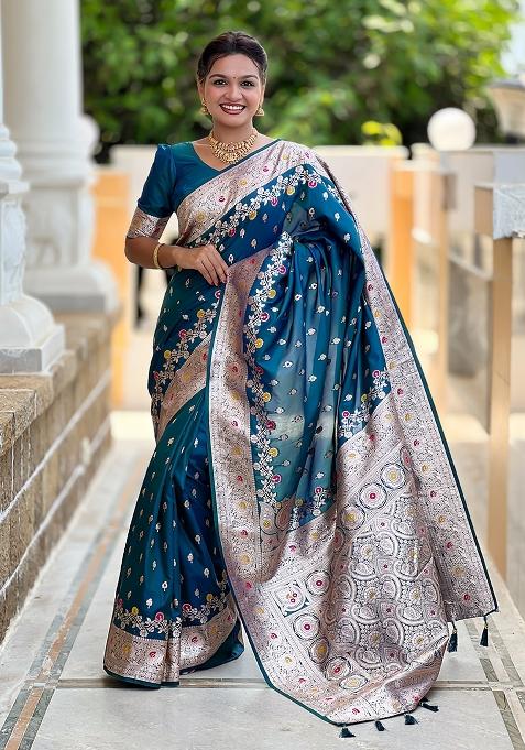 Teal Blue Woven Silk Blend Saree Set