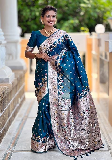 Teal Blue Woven Silk Blend Saree Set