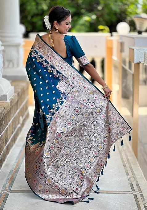 Teal Blue Woven Silk Blend Saree Set