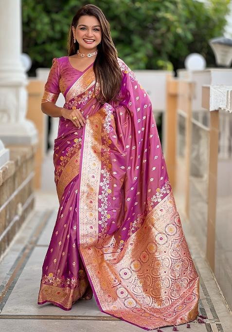 Mauve Woven Silk Blend Saree Set