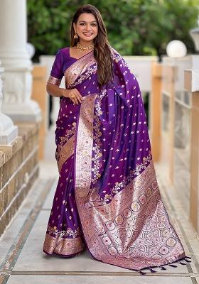 Purple Woven Silk Blend Saree Set