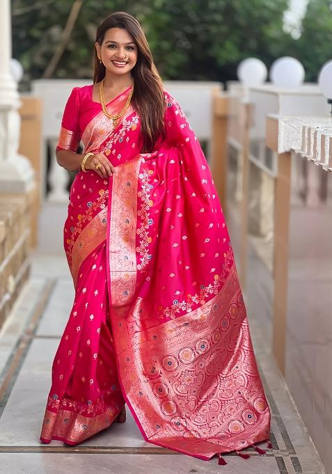 Pink Woven Silk Blend Saree Set