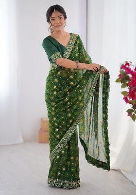 Green Embroidered Faux Georgette Saree Set