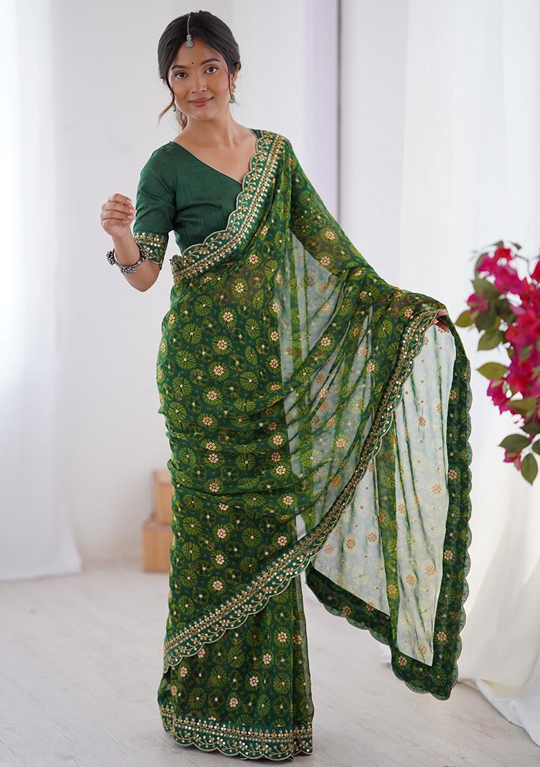 Green Embroidered Faux Georgette Saree Set - Indya