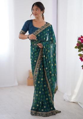 Teal Blue Embroidered Faux Georgette Saree Set
