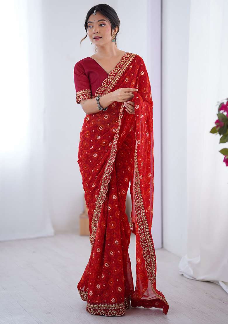 Red Faux Georgette Saree Set with Embroidered for Diwali | Wedding & Festive Wear - Indya