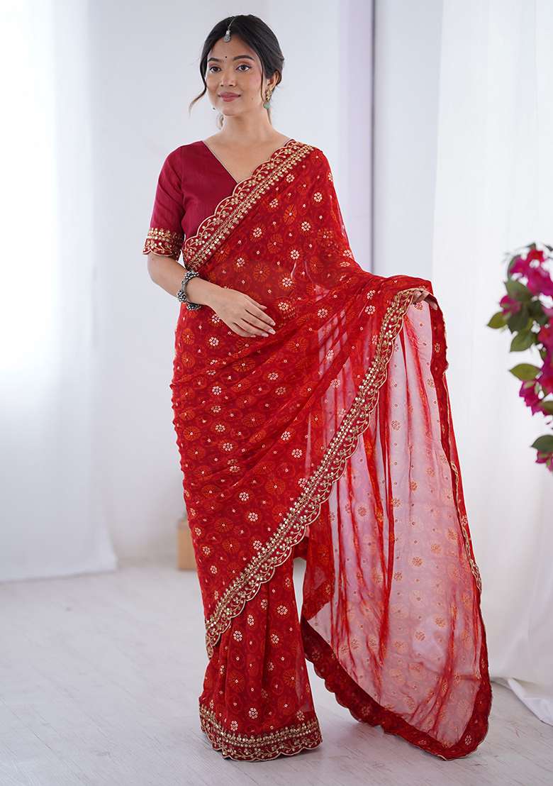 Red Faux Georgette Saree Set with Embroidered for Diwali | Wedding & Festive Wear - Indya
