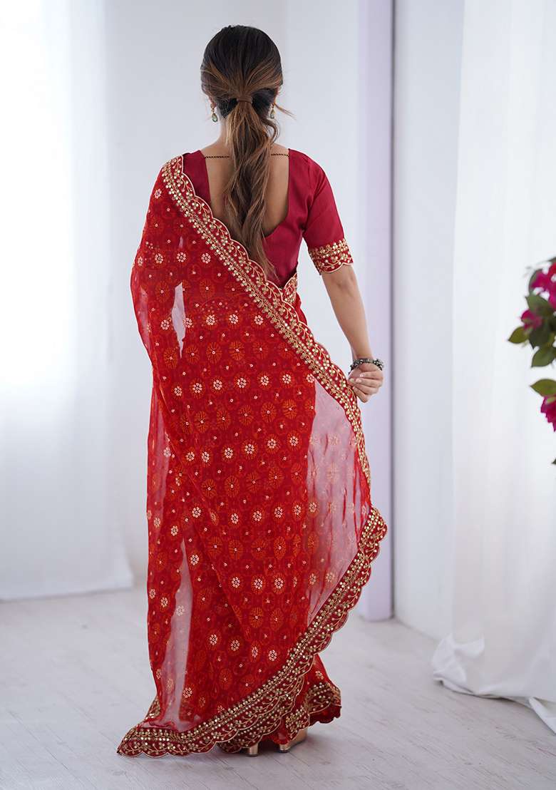 Red Faux Georgette Saree Set with Embroidered for Diwali | Wedding & Festive Wear - Indya