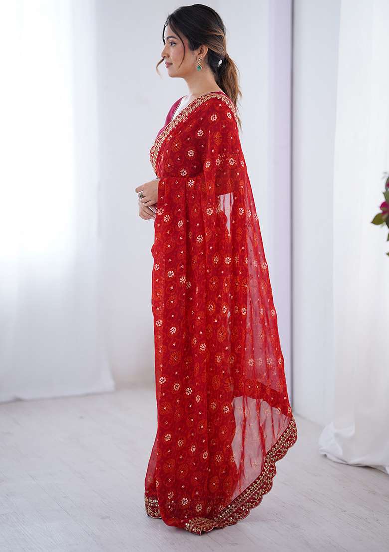 Red Faux Georgette Saree Set with Embroidered for Diwali | Wedding & Festive Wear - Indya