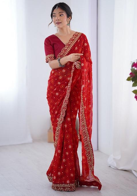 Red Embroidered Faux Georgette Saree Set