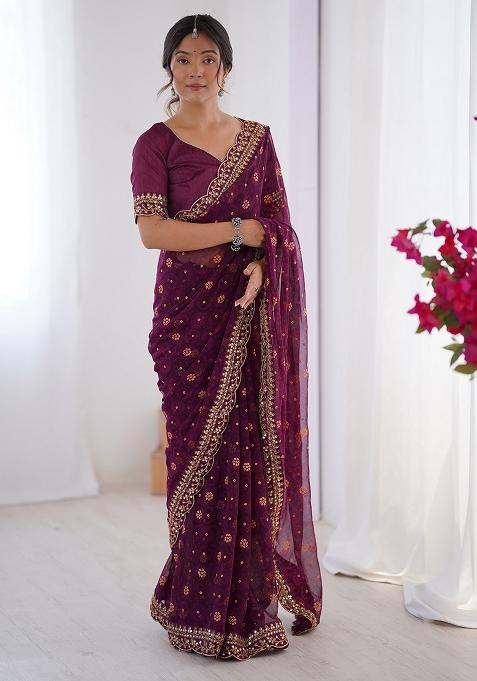 Wine Embroidered Faux Georgette Saree Set