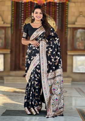 Black Woven Silk Blend Saree Set