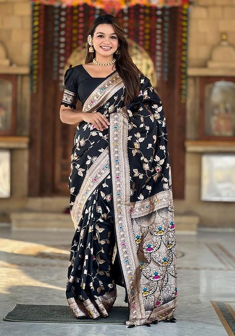 Black Woven Silk Blend Saree Set