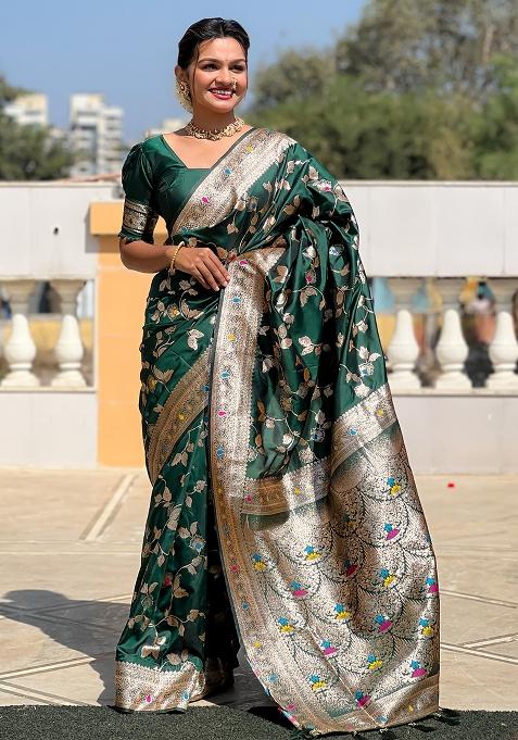 Green Woven Silk Blend Saree Set
