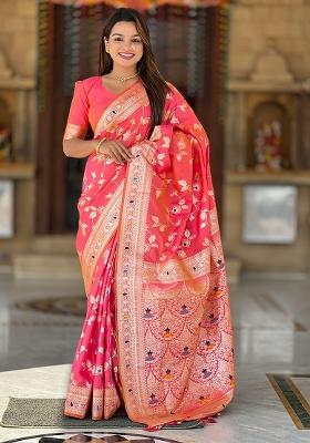 Red Woven Silk Blend Saree Set
