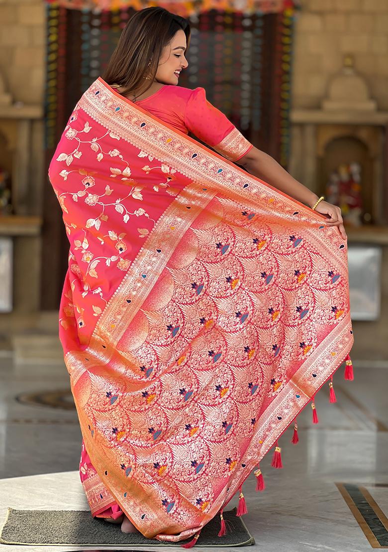 Red Woven Silk Blend Saree Set