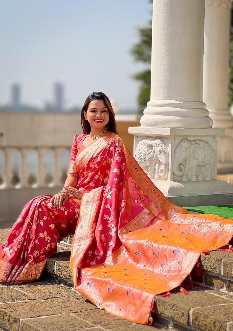 Red Woven Silk Blend Saree Set