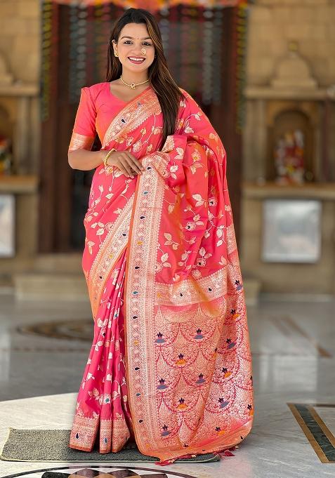 Red Woven Silk Blend Saree Set