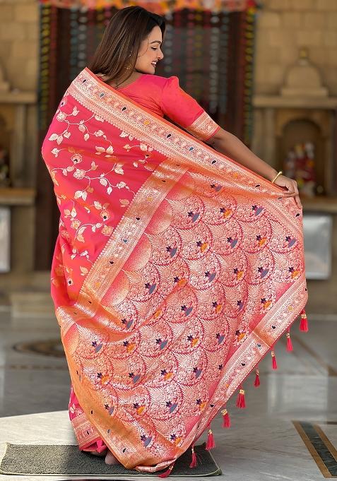 Red Woven Silk Blend Saree Set