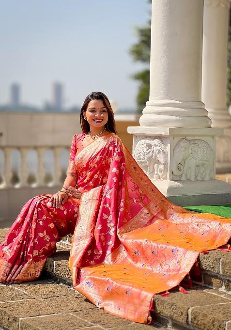 Red Woven Silk Blend Saree Set