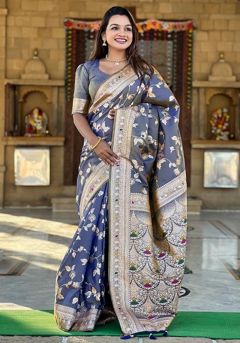 Grey Woven Silk Blend Saree Set