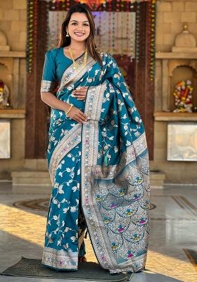 Teal Blue Woven Silk Blend Saree Set