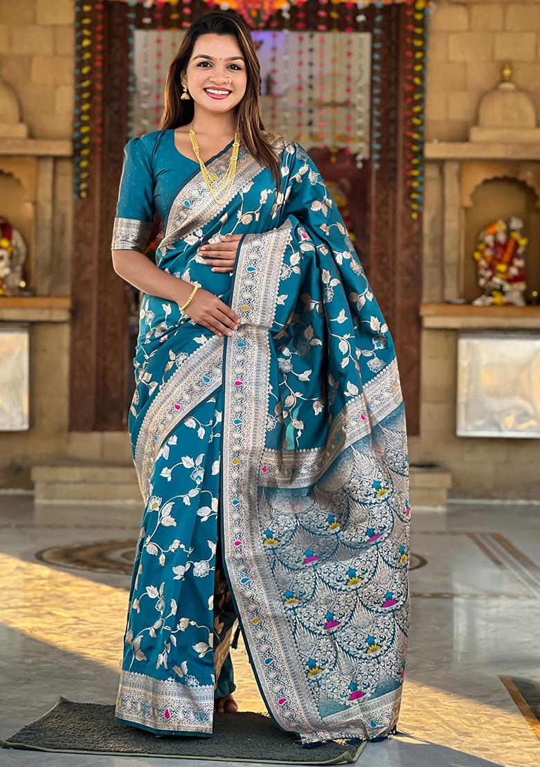 Teal Blue Woven Silk Blend Saree Set