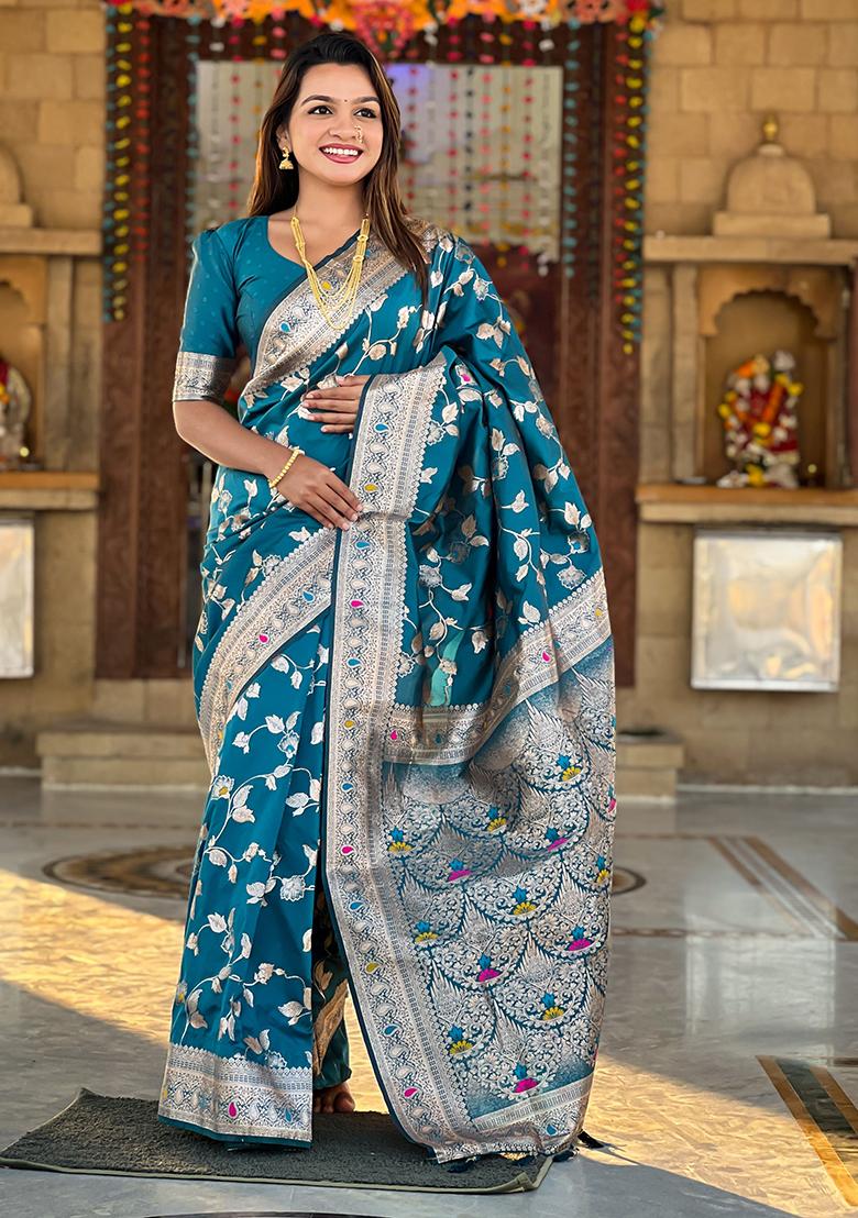 Teal Blue Woven Silk Blend Saree Set