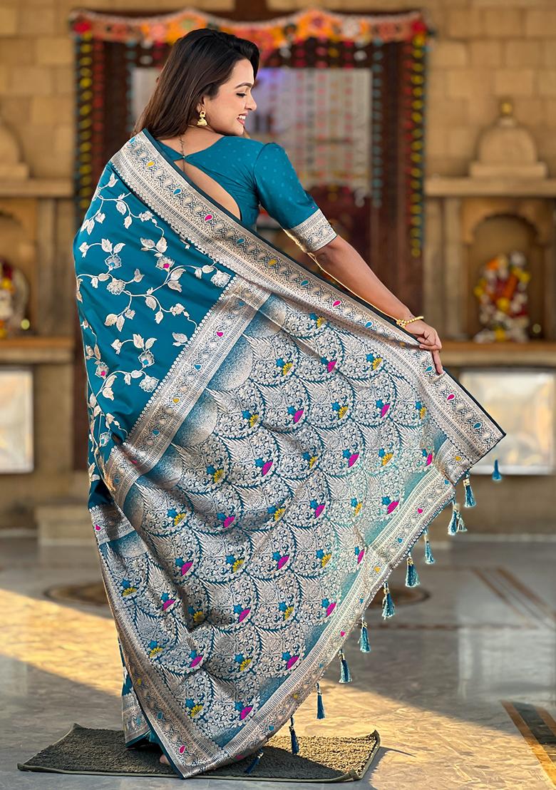Teal Blue Woven Silk Blend Saree Set