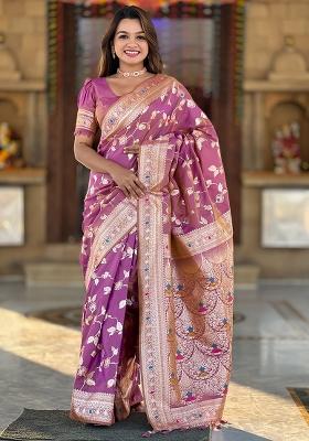 Mauve Woven Silk Blend Saree Set
