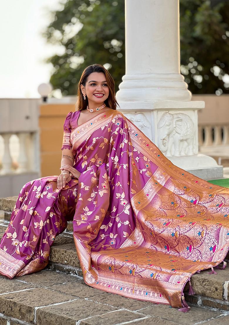Mauve Woven Silk Blend Saree Set - Indya