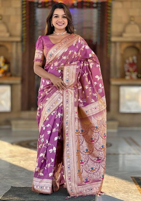 Mauve Woven Silk Blend Saree Set